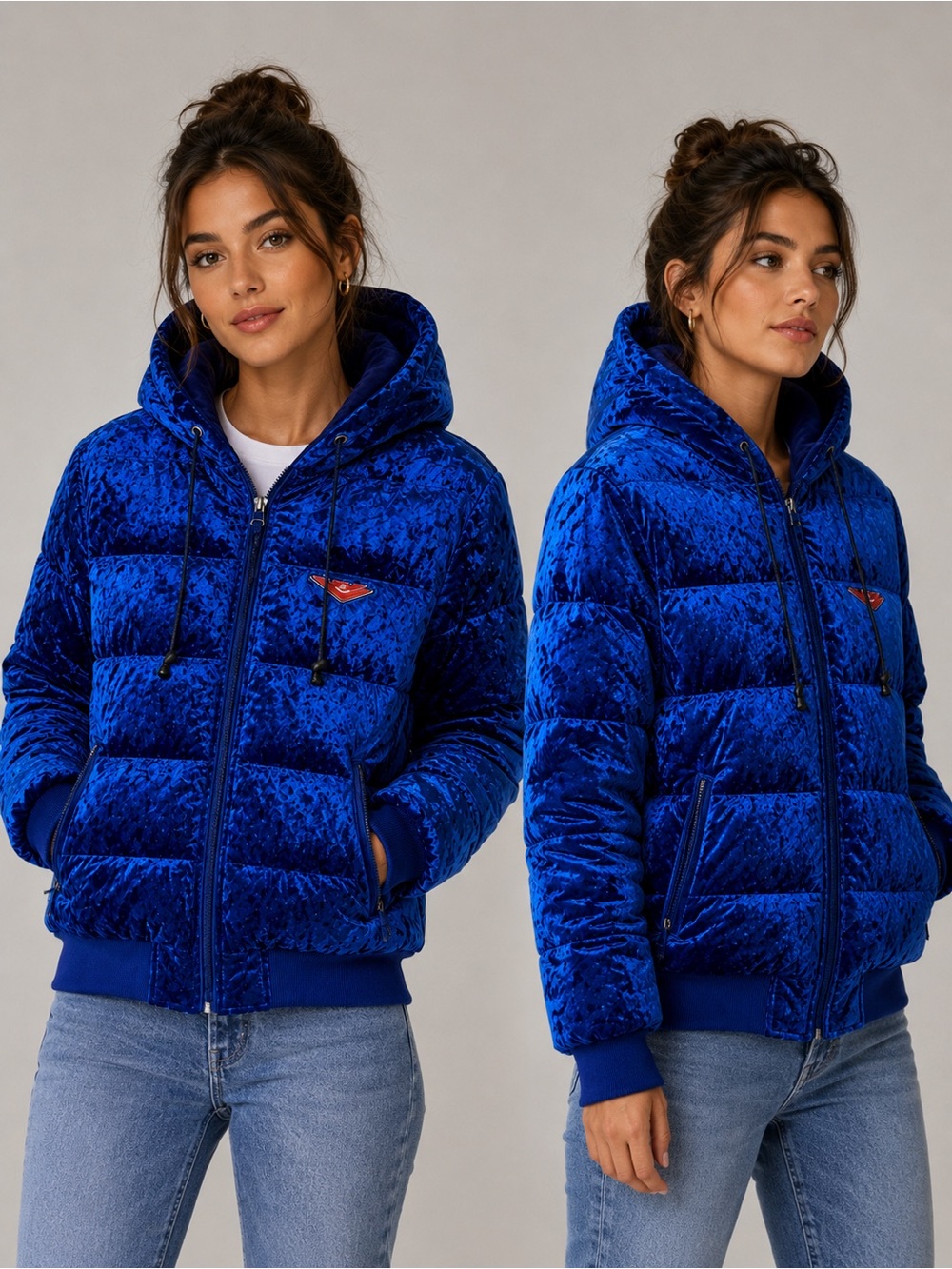Forever 21 Royal Blue Velvet Puffer Jacket with Hood